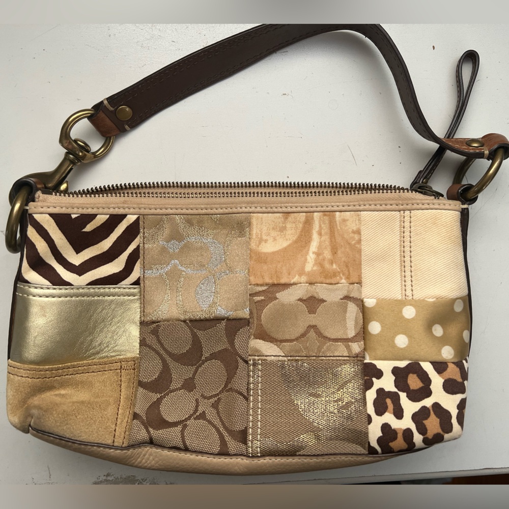 Coach Brown and Gold Patchwork and Animal Print Leather Canvas Shoulder Bag